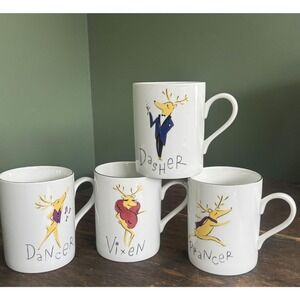 Four Pottery Barn Reindeer Coffee Mugs Prancer Vixen Dancer Dasher